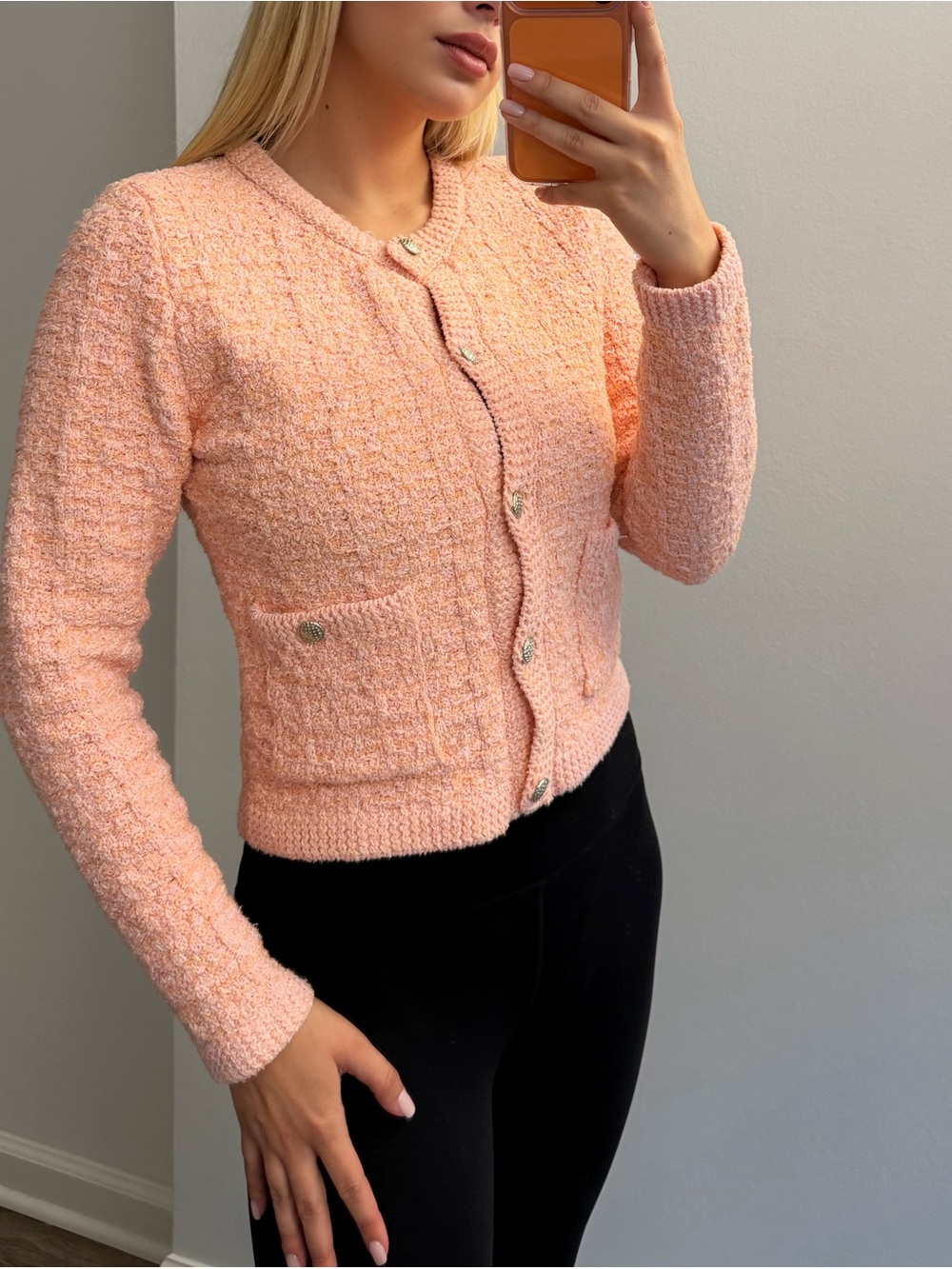 Mango Peach Bouclé Crewneck Cardigan